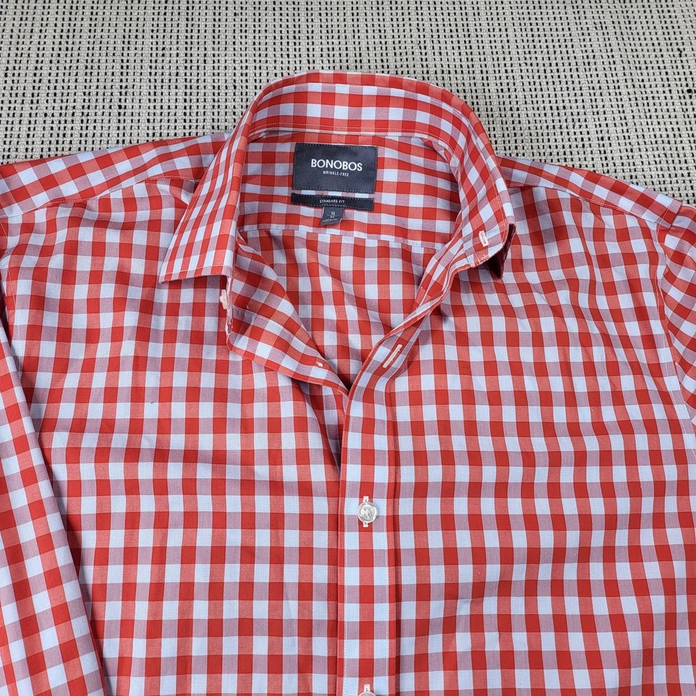 Bonobos Shirt Mens 15 34/35 Red Gingham Regular‎ Fit Wrinkle Free Long Sleeve